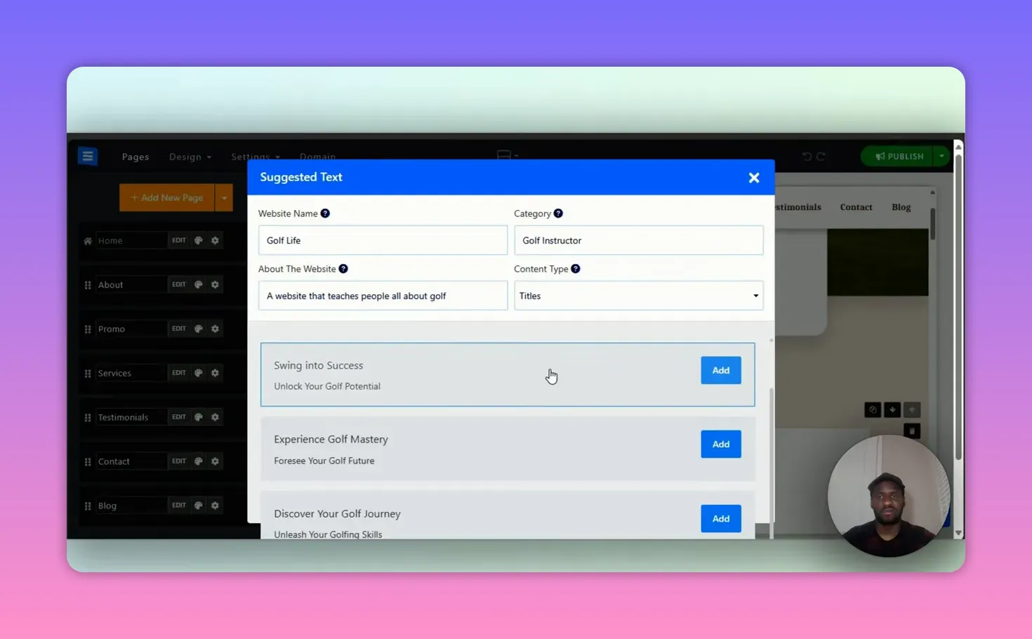SITE123 Review: The Easiest Website Builder for Beginners? 5 SITE123 Suggested Text popup displaying title suggestions and Add buttons