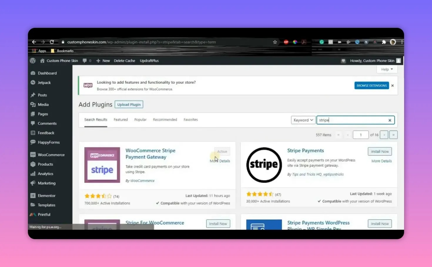 How To Use Stripe Payment Gateway WooCommerce 3 WordPress Add Plugins search results showing WooCommerce Stripe Payment Gateway listed and Stripe Payments plugin