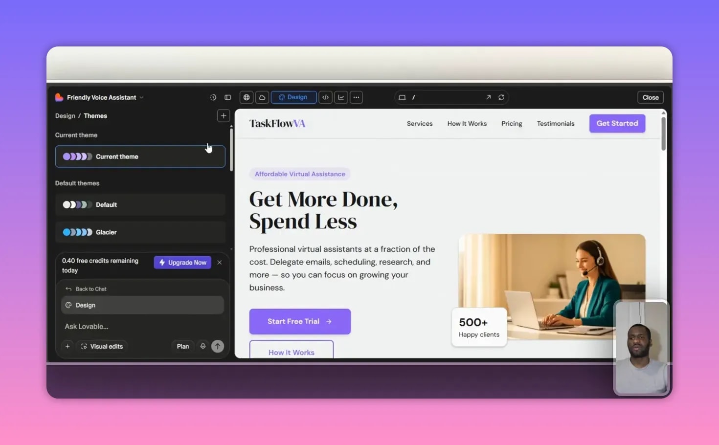 Lovable editor with 'Current theme' selected and the TaskFlowVA landing page preview showing lavender/purple theme styling and CTAs.