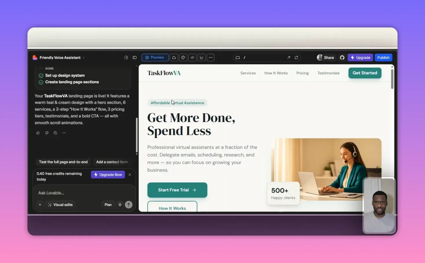 Clear screenshot of a Lovable-generated landing page hero showing the headline 'Get More Done, Spend Less', start free trial CTA, hero image and the editor sidebar.