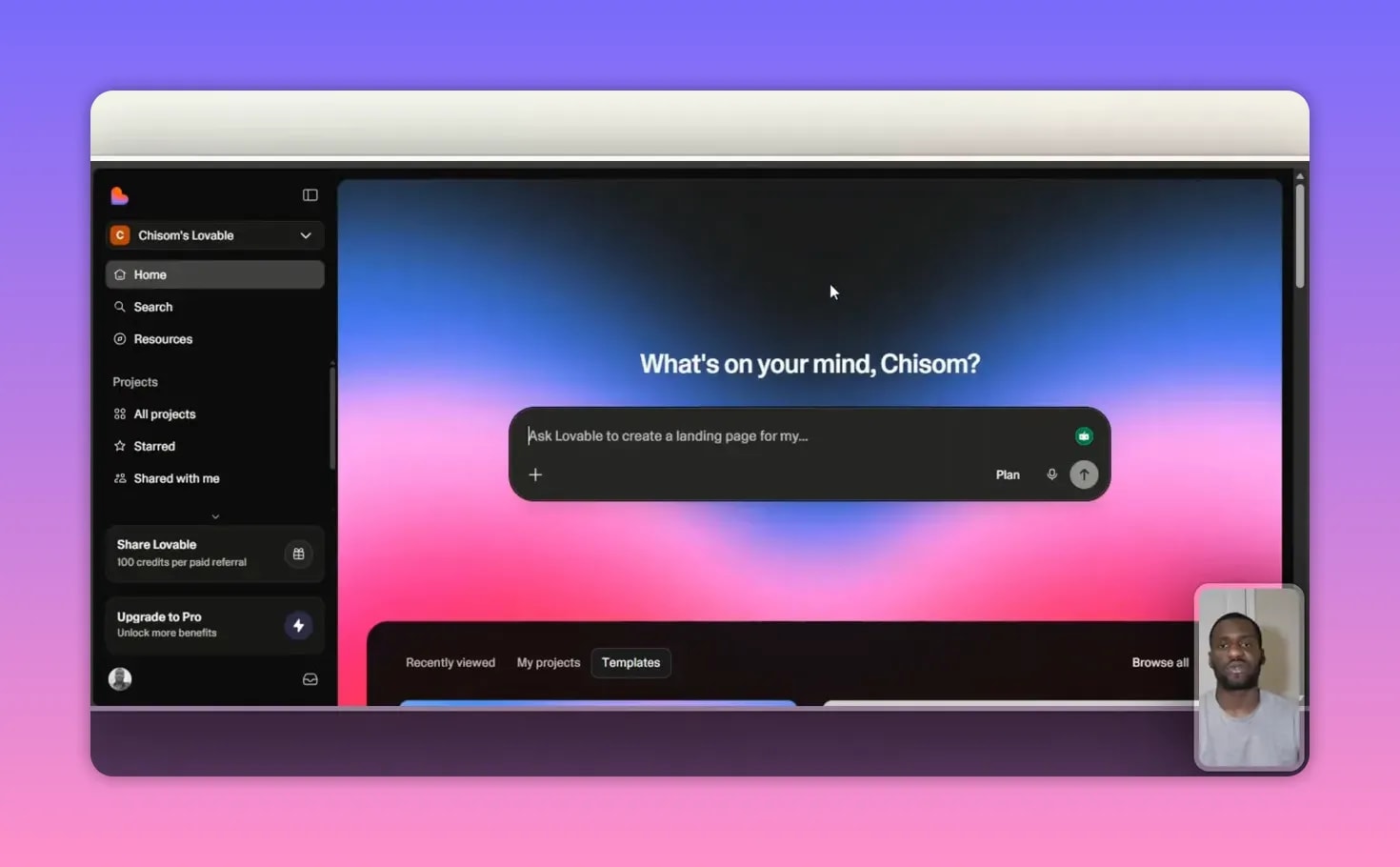 Lovable logged-in dashboard with 'What's on your mind' headline and a prompt input containing a landing page request.