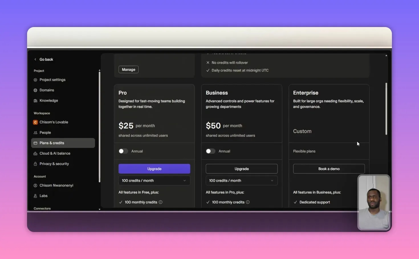 Lovable pricing screen showing Pro ($25/month), Business ($50/month) and Enterprise columns with an Upgrade button and presenter thumbnail.