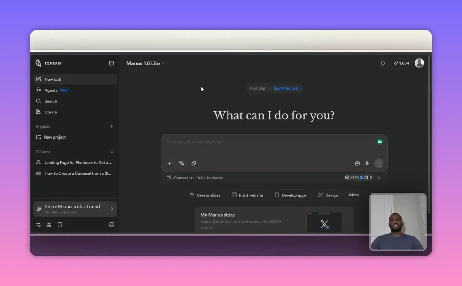 How to Use Manus AI: The ChatGPT Alternative? 2 Clear view of the Manus AI dark-themed dashboard showing the 'What can I do for you?' heading, the main task input box, navigation sidebar, and a small presenter video overlay.