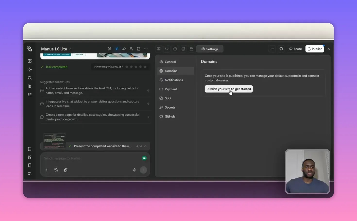 How to Use Manus AI: The ChatGPT Alternative? 5 Manus settings panel open to Domains with a 'Publish your site to get started' button