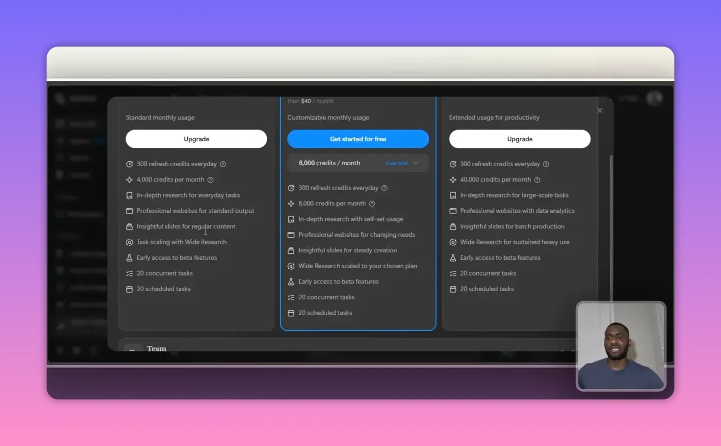 How to Use Manus AI: The ChatGPT Alternative? 6 High-clarity screenshot of Manus Pro pricing modal showing three subscription plans, credit allowances and feature lists.