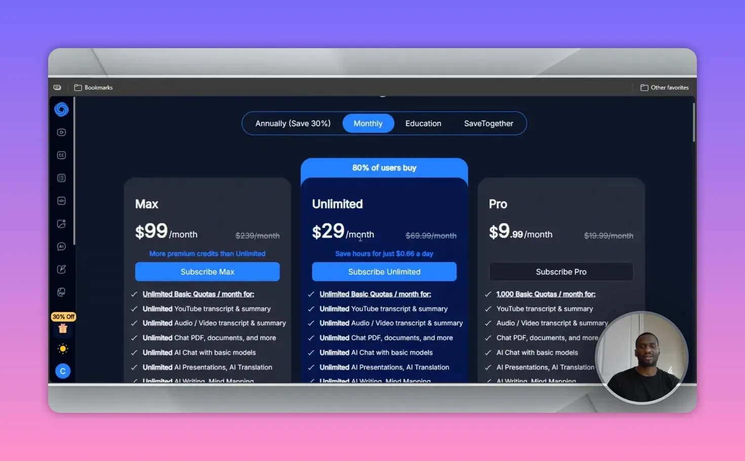 How to Use NoteGPT 8 Notegpt monthly pricing table showing Max, Unlimited and Pro plans with monthly prices and subscribe buttons.