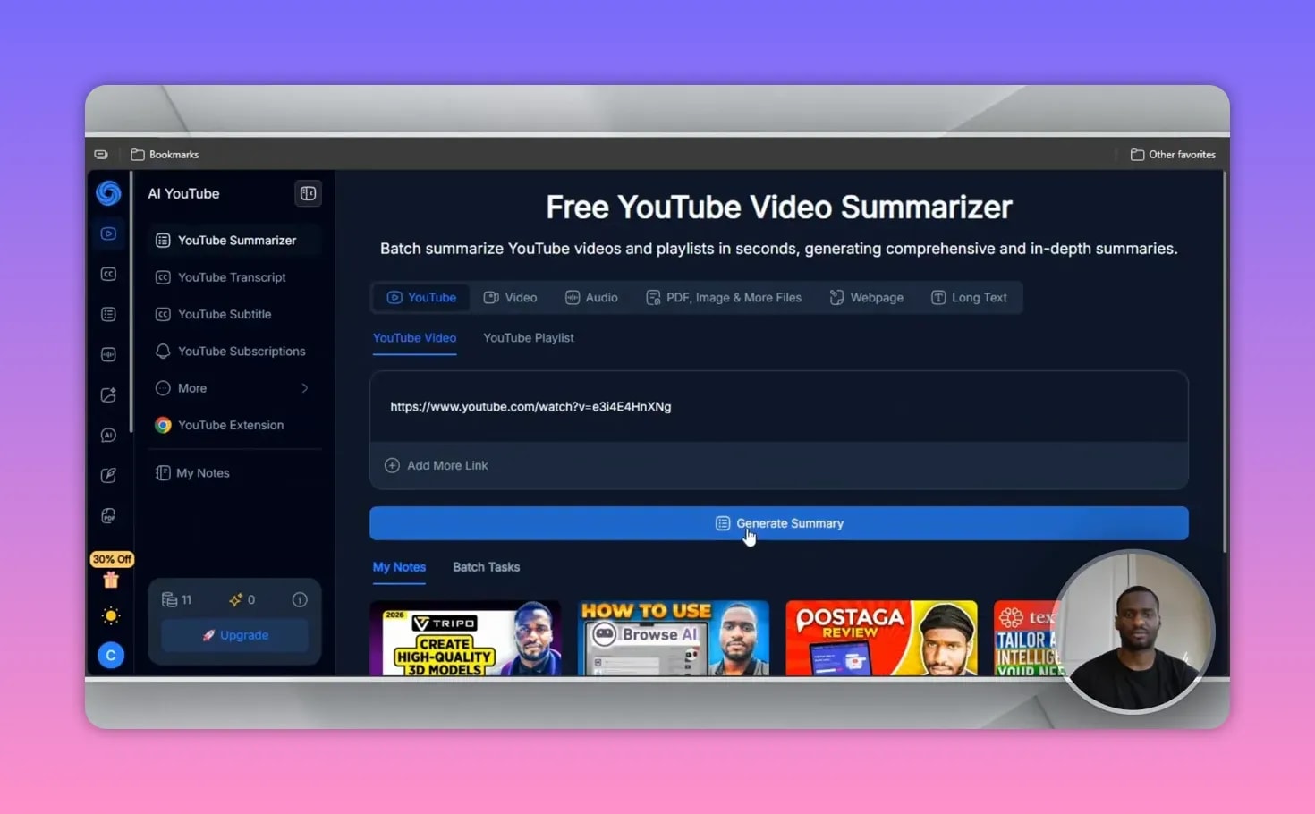 How to Use NoteGPT 2 Notegpt interface with a YouTube URL entered and the Generate Summary button highlighted