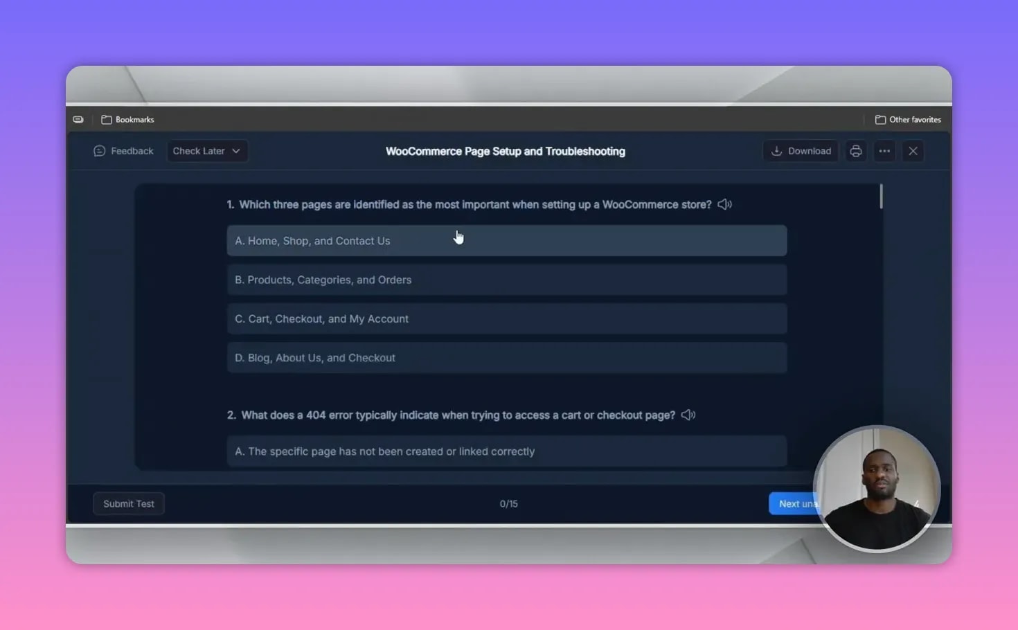 How to Use NoteGPT 7 NoteGPT quiz screen titled 'WooCommerce Page Setup and Troubleshooting' with multiple-choice questions and a cursor selecting an answer.