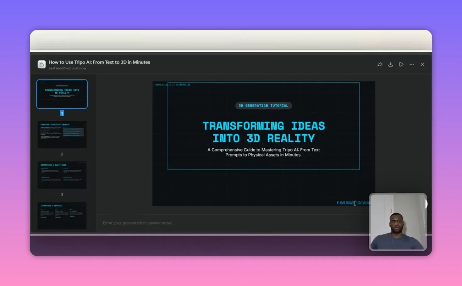 How to Use Manus AI: The ChatGPT Alternative? 3 Slide deck preview showing the title 'TRANSFORMING IDEAS INTO 3D REALITY' with slide thumbnails on the left.