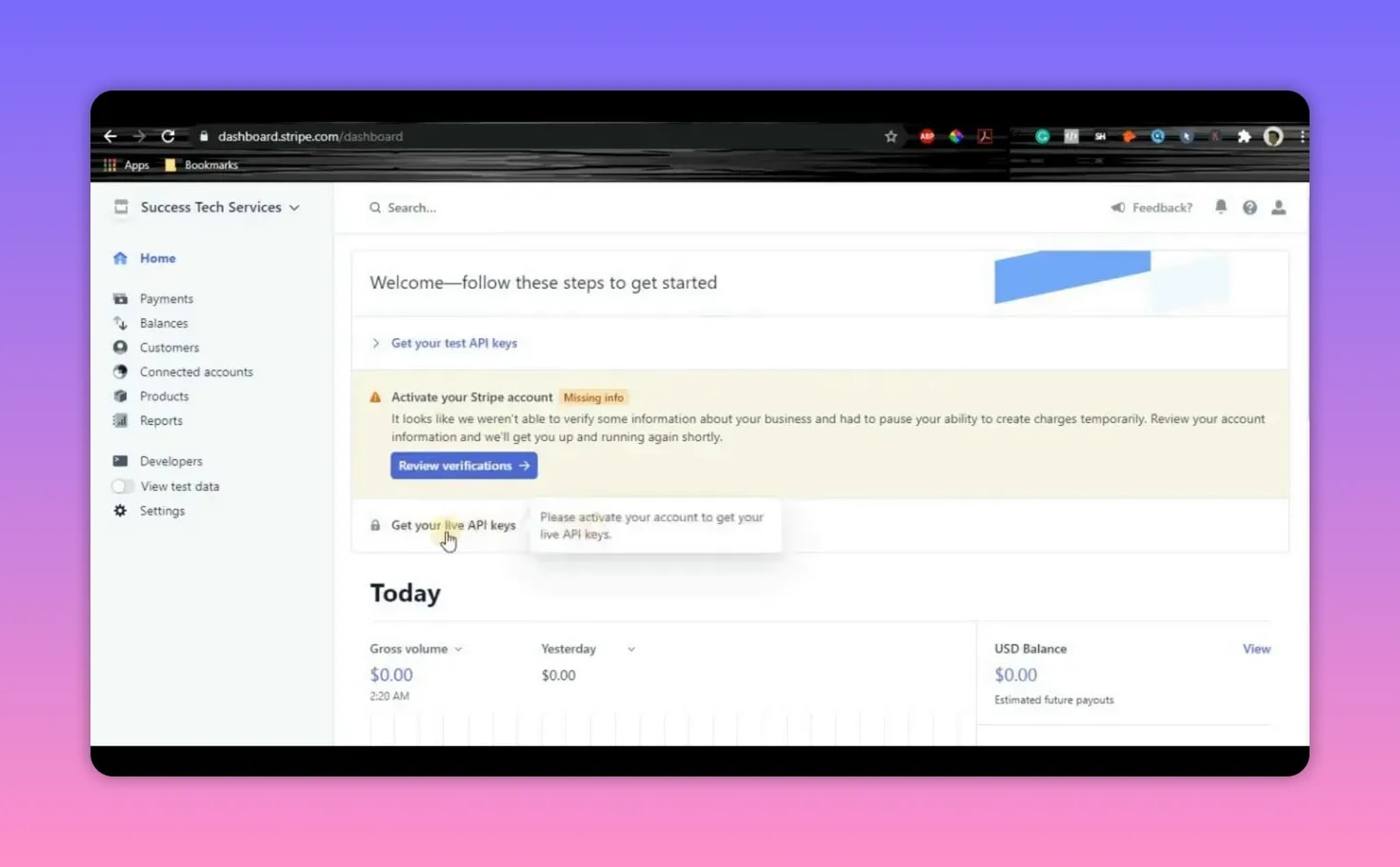 How To Use Stripe Payment Gateway WooCommerce 5 Stripe dashboard cursor hovering over 'Get your live API keys' with a tooltip about activating the account to reveal live keys.