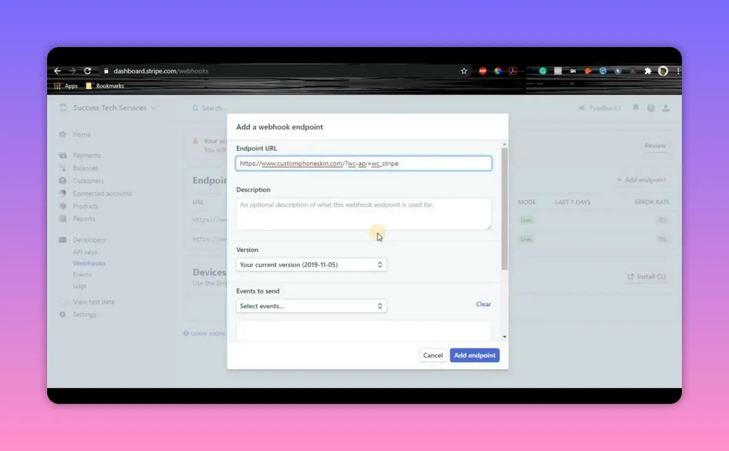 How To Use Stripe Payment Gateway WooCommerce 6 Stripe 'Add a webhook endpoint' dialog showing the webhook URL (https://www.customphoneskin.com/?wc-api=wc_stripe) pasted into the Endpoint URL field.