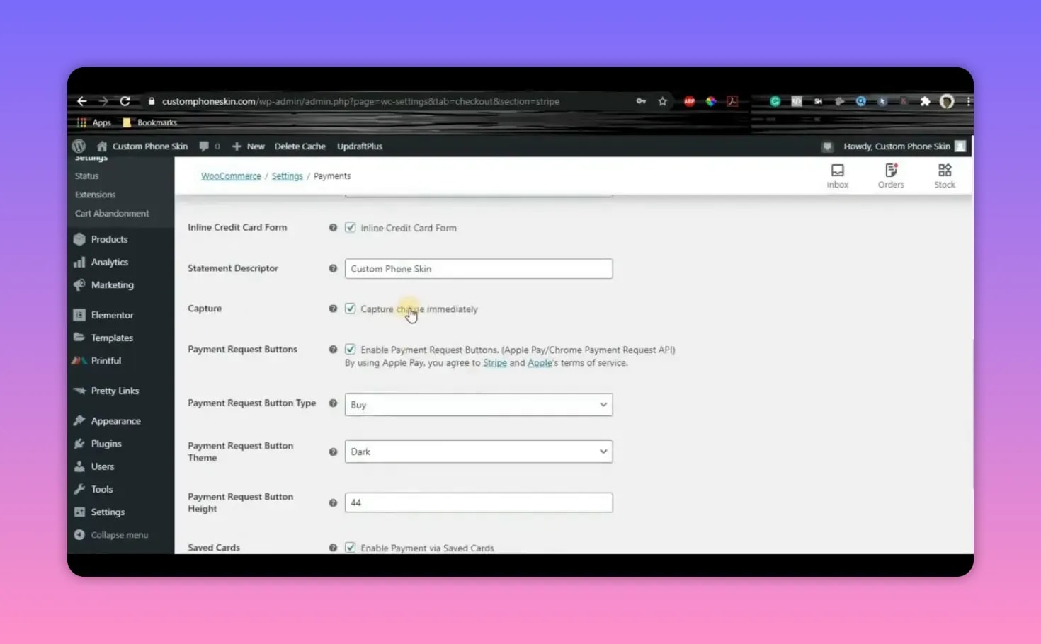 How To Use Stripe Payment Gateway WooCommerce 7 WooCommerce Stripe settings highlighting inline credit card form, capture immediately, and payment request buttons