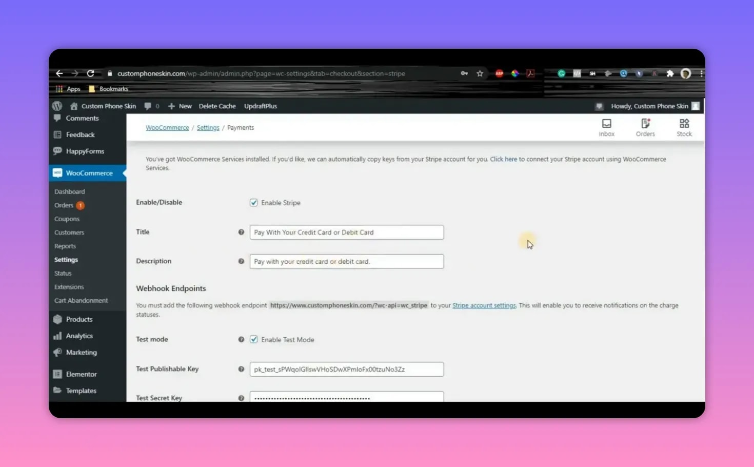 How To Use Stripe Payment Gateway WooCommerce 4 Crisp screenshot of WooCommerce admin Stripe settings showing Enable Stripe checkbox, title/description fields and webhook endpoint details.