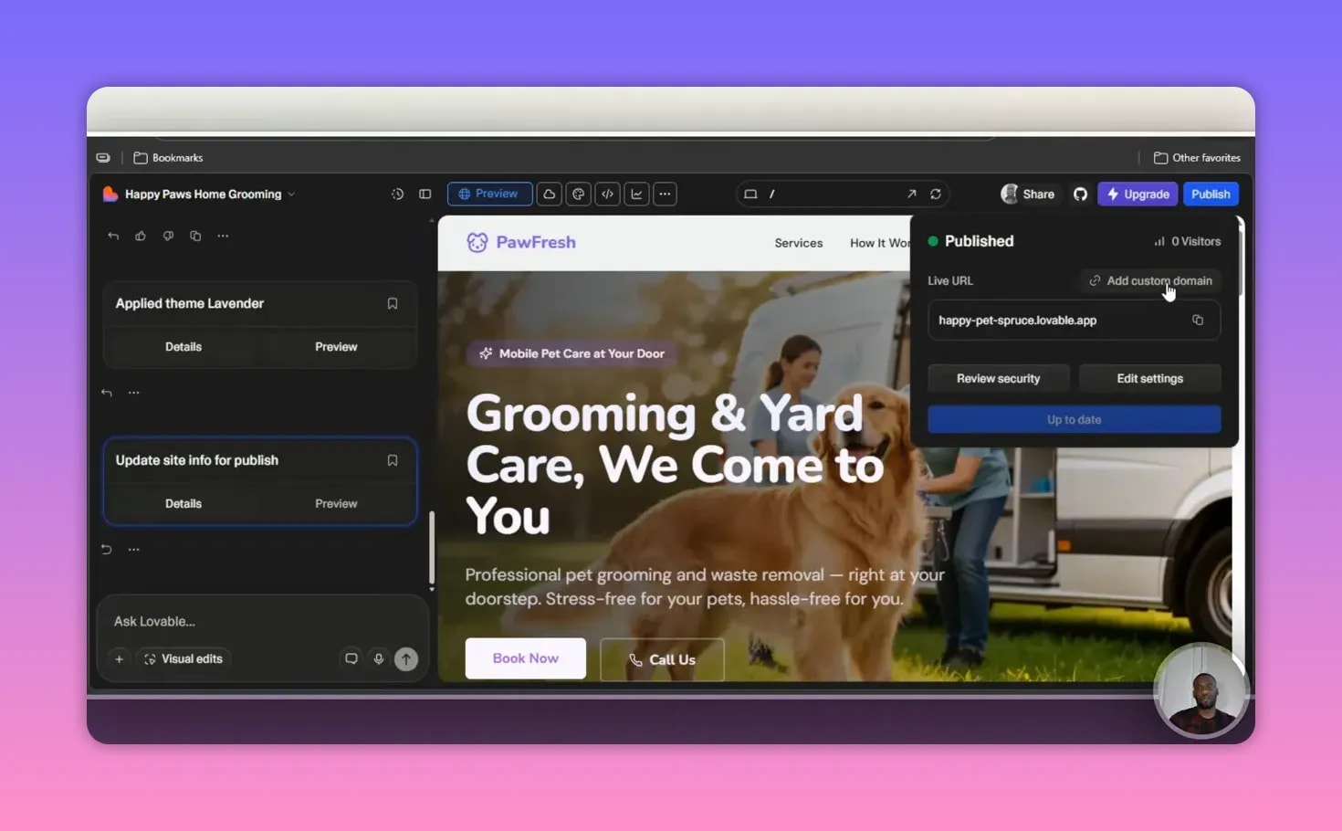 Lovable published status with live URL field and add custom domain tooltip