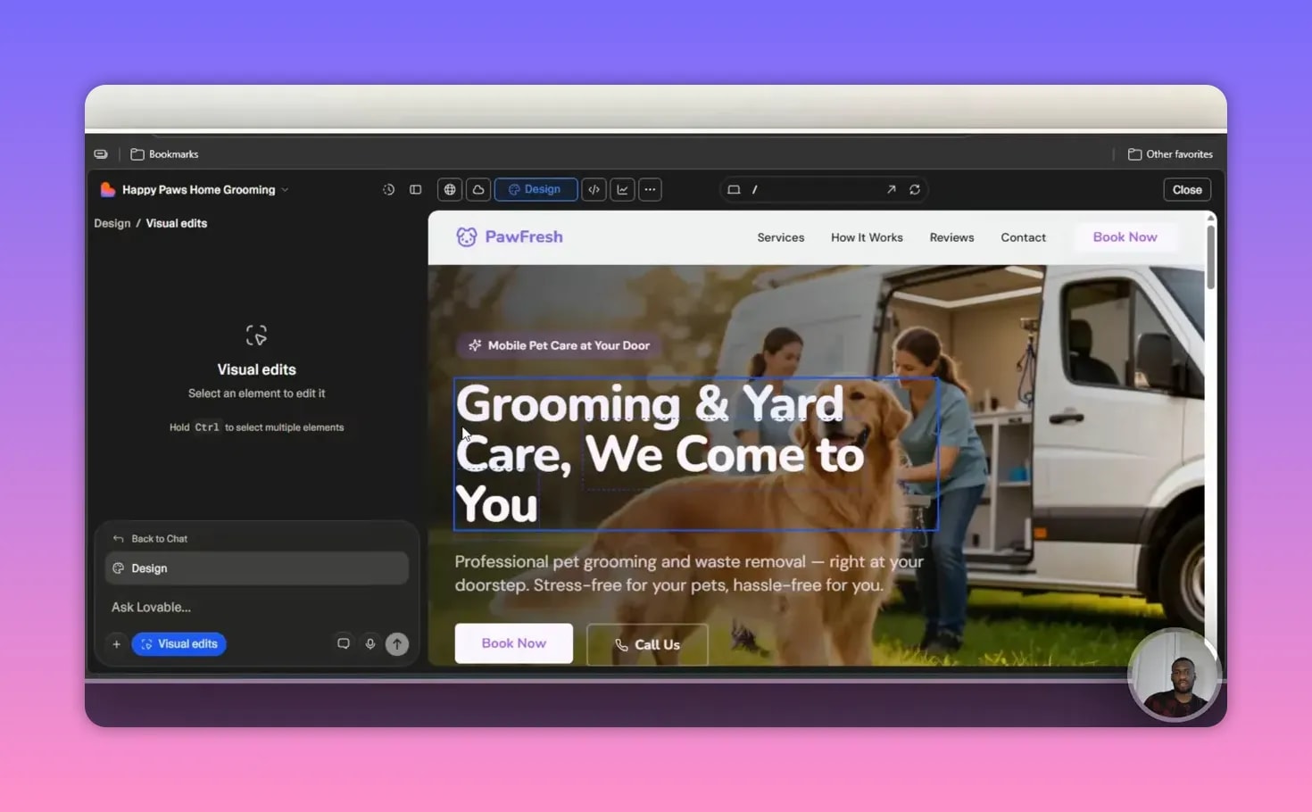Lovable visual edits selection box around hero headline on dog grooming landing page