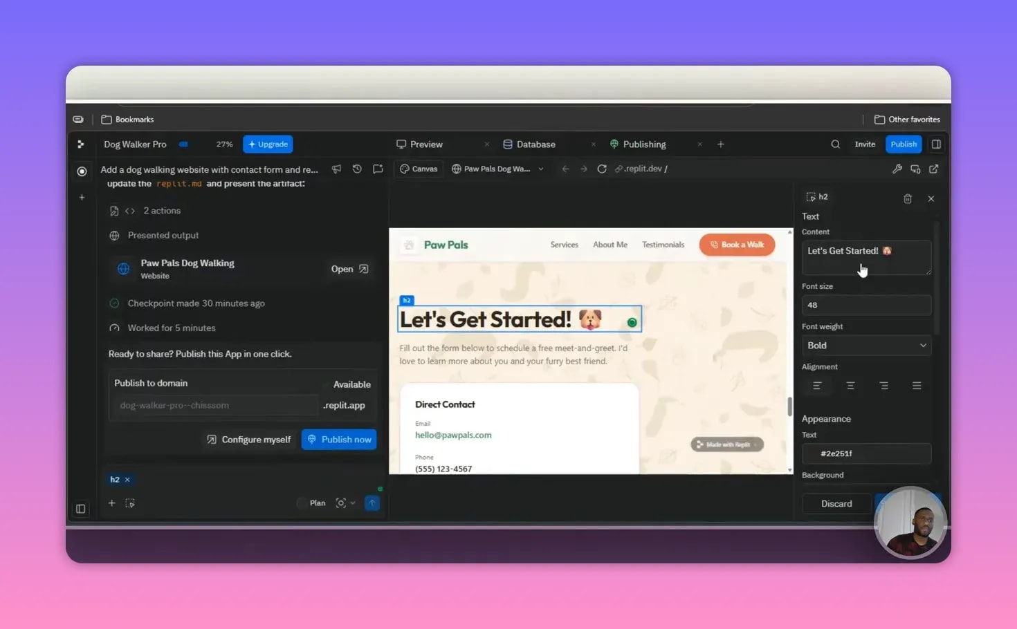 Replit element selection editing controls for the selected 'Let’s Get Started' text