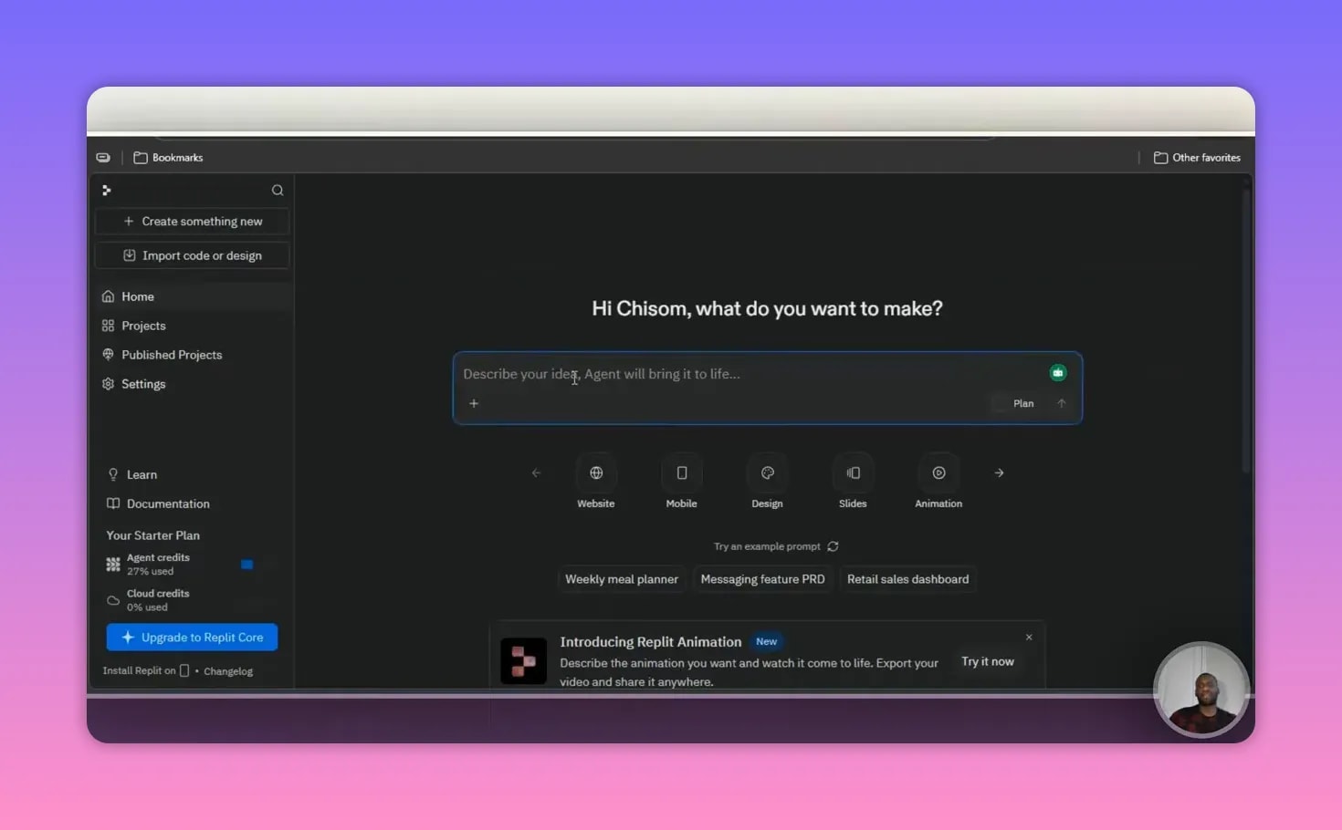 Replit interface with center prompt field and website generation prompt
