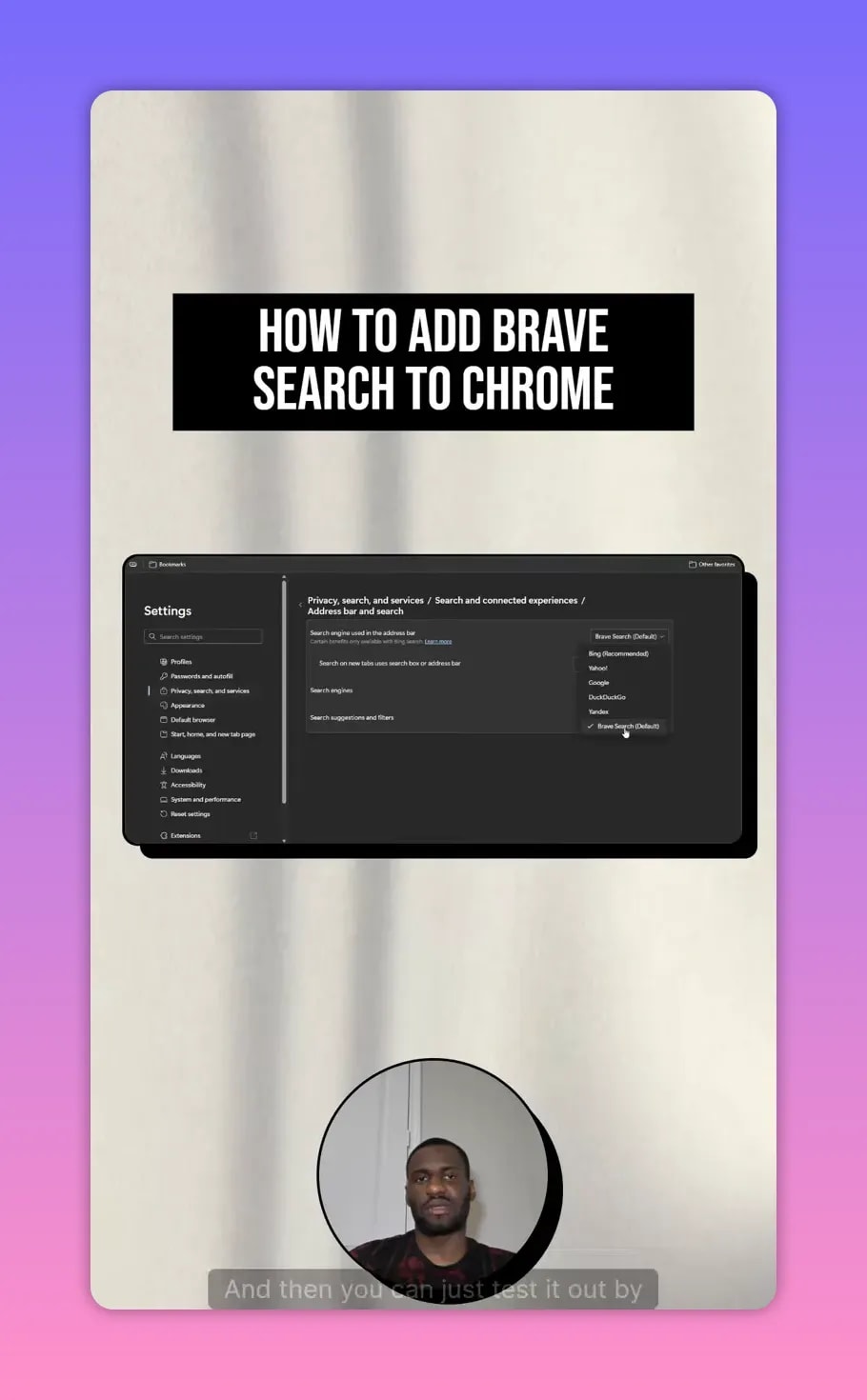 How to Add Brave Search to Chrome 4 Chrome settings showing search engine dropdown with Brave Search highlighted