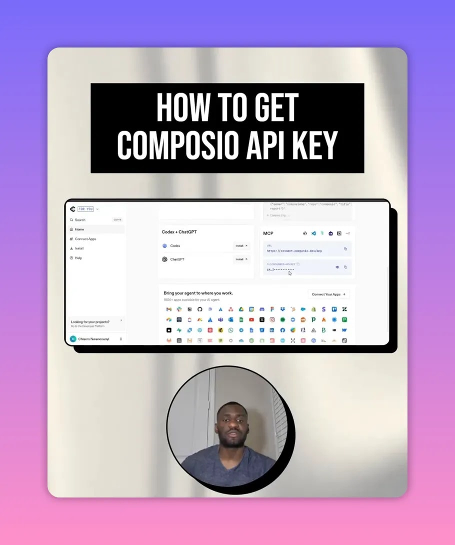 How to Get Composio API Key in 5 Steps 4 Screenshot of Composio dashboard MCP section showing URL and consumer API key
