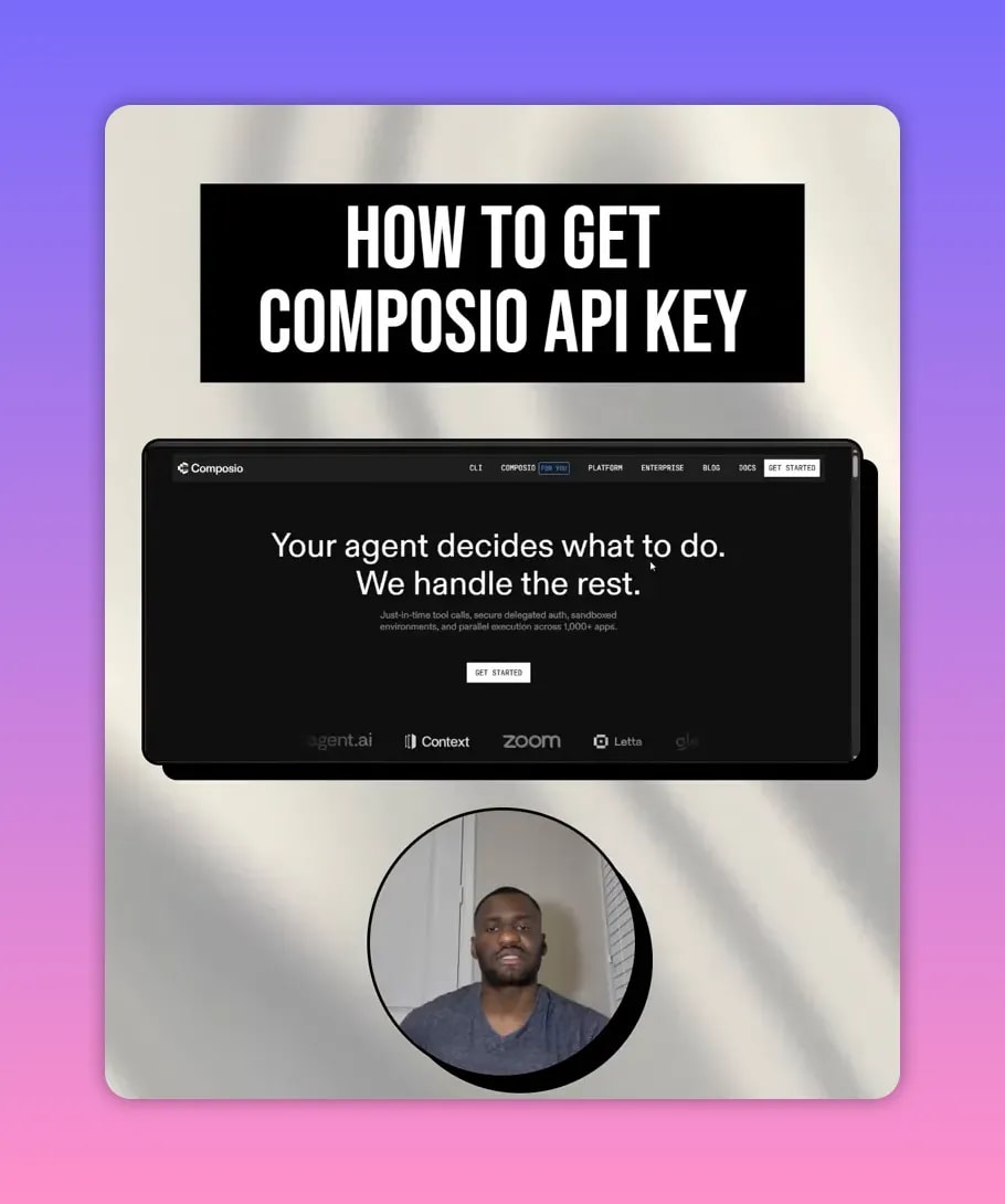 How to Get Composio API Key in 5 Steps 2 Composio landing page with navigation and Get started button for getting an API key