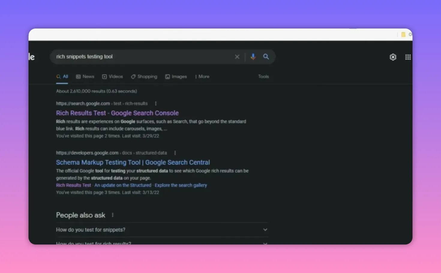 Google Search Console rich results test showing schema markup validation and structured data testing results