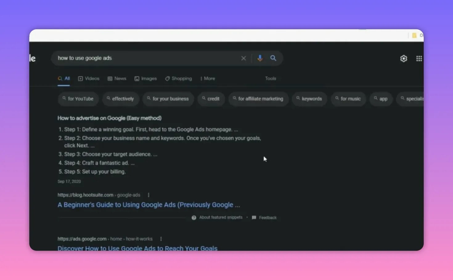 Screenshot of a Google search results example showing steps and potential featured snippets