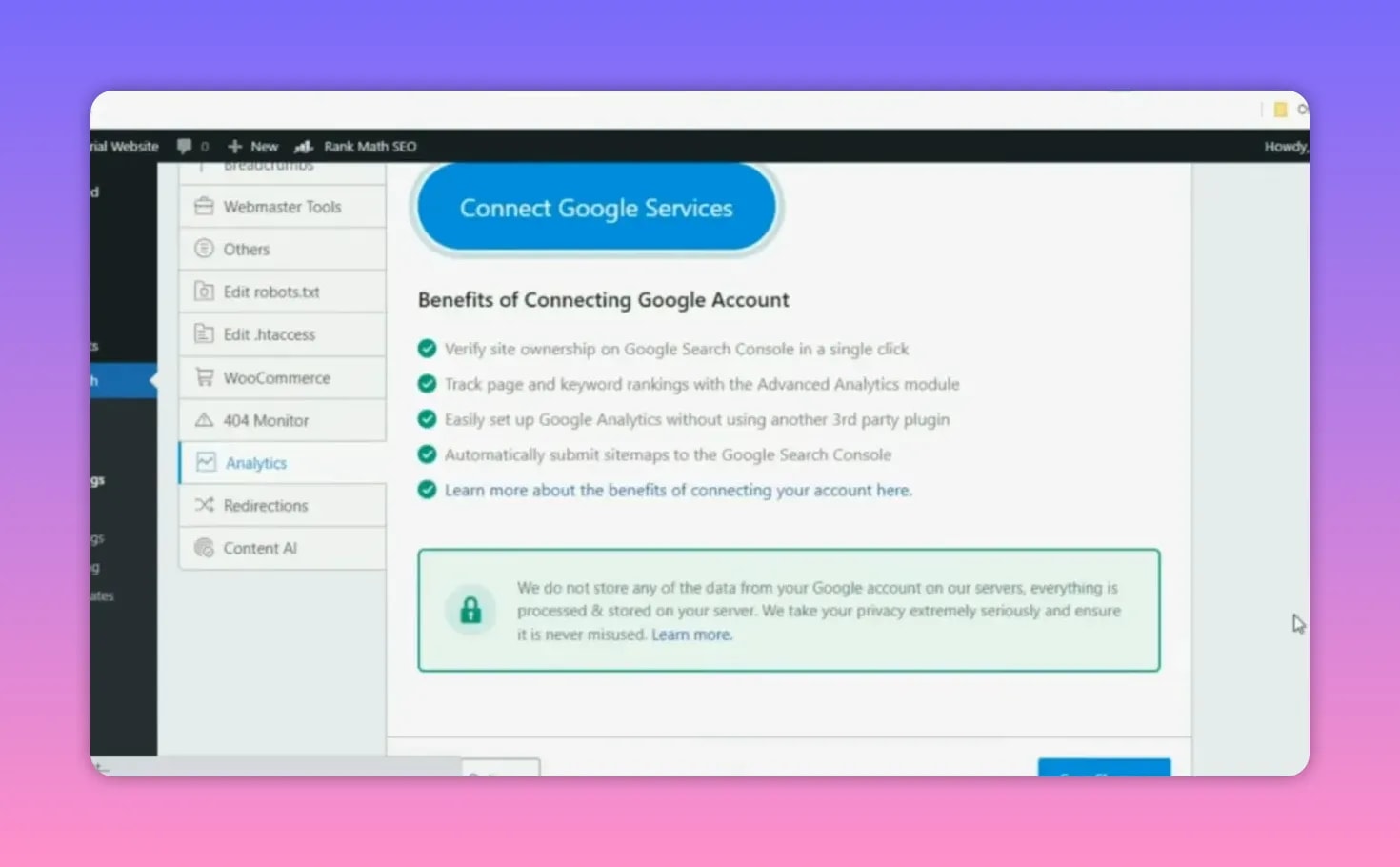 Rank Math Connect Google Services screen with benefits of connecting your Google account