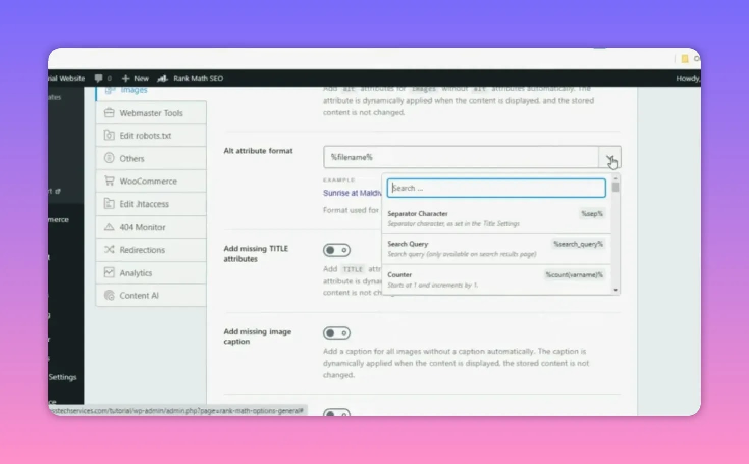Rank Math Image SEO settings showing options for alt attribute format and adding missing image captions