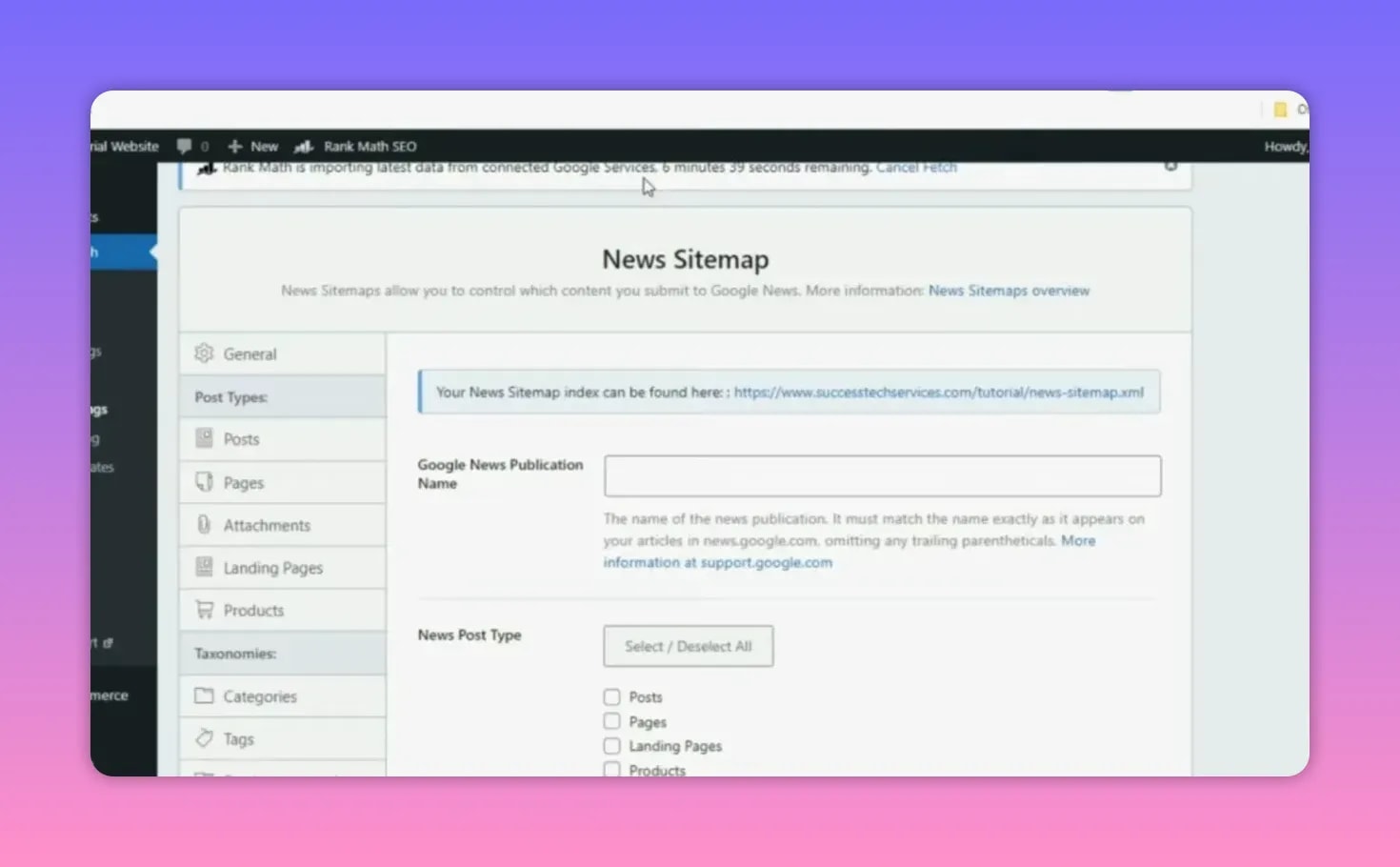 Rank Math News Sitemap setup screen with Google News publication name and sitemap index URL