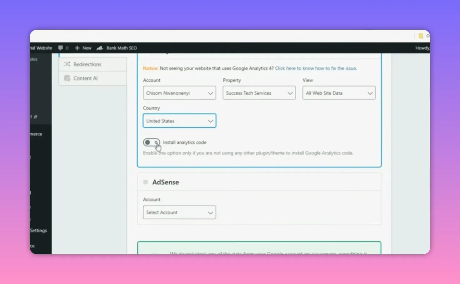 Rank Math Pro analytics setup showing country selection and 'Install analytics code' option