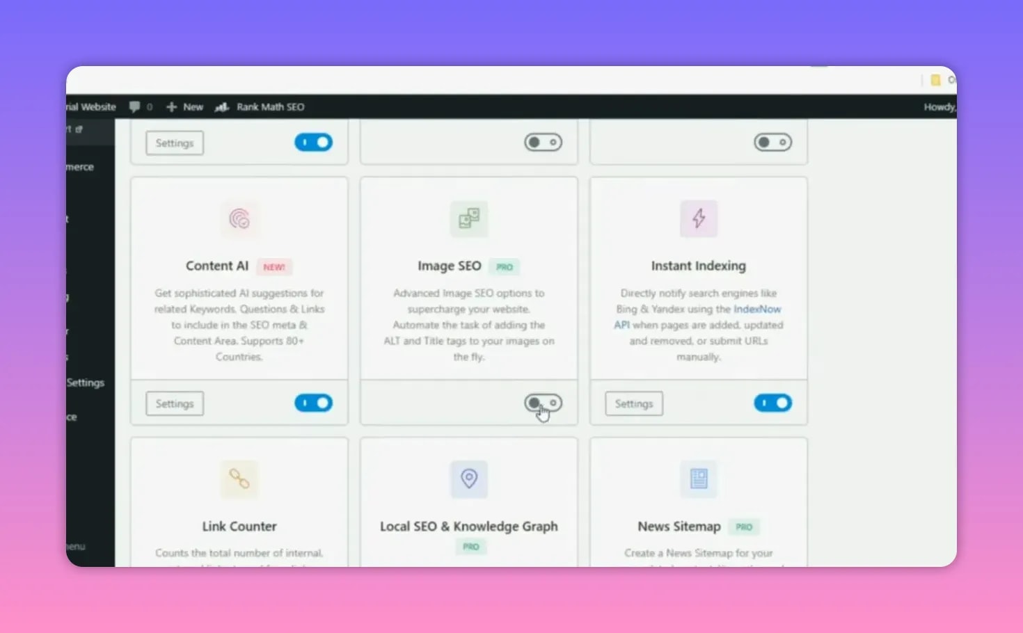 Rank Math Pro dashboard showing the Image SEO module with auto-adding ALT and title tags