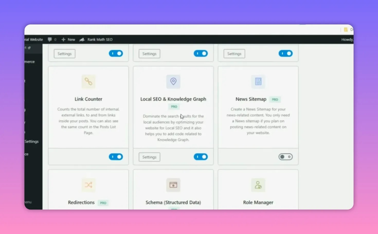 Rank Math Pro dashboard showing Local SEO & Knowledge Graph settings
