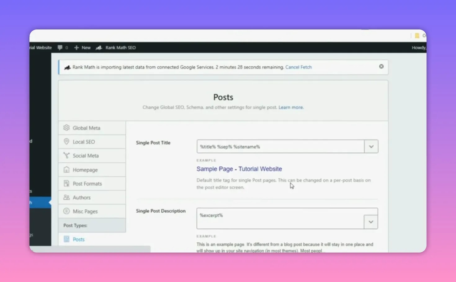 Rank Math Pro global settings for Posts showing Single Post Title and Single Post Description fields