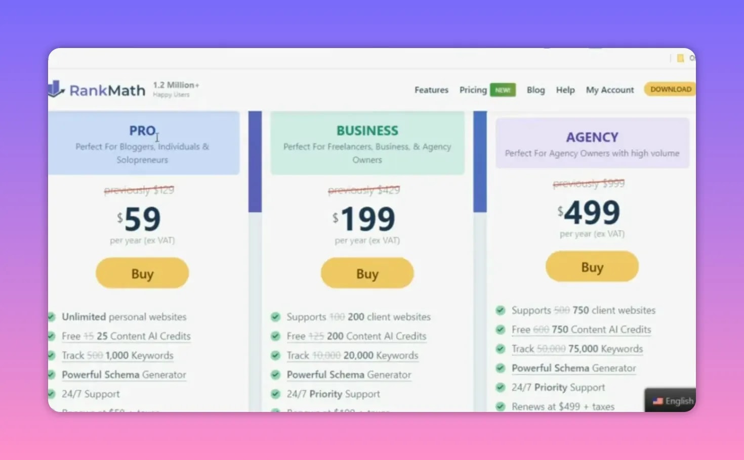 Screenshot of Rank Math Pro plan pricing comparing Pro, Business, and Agency