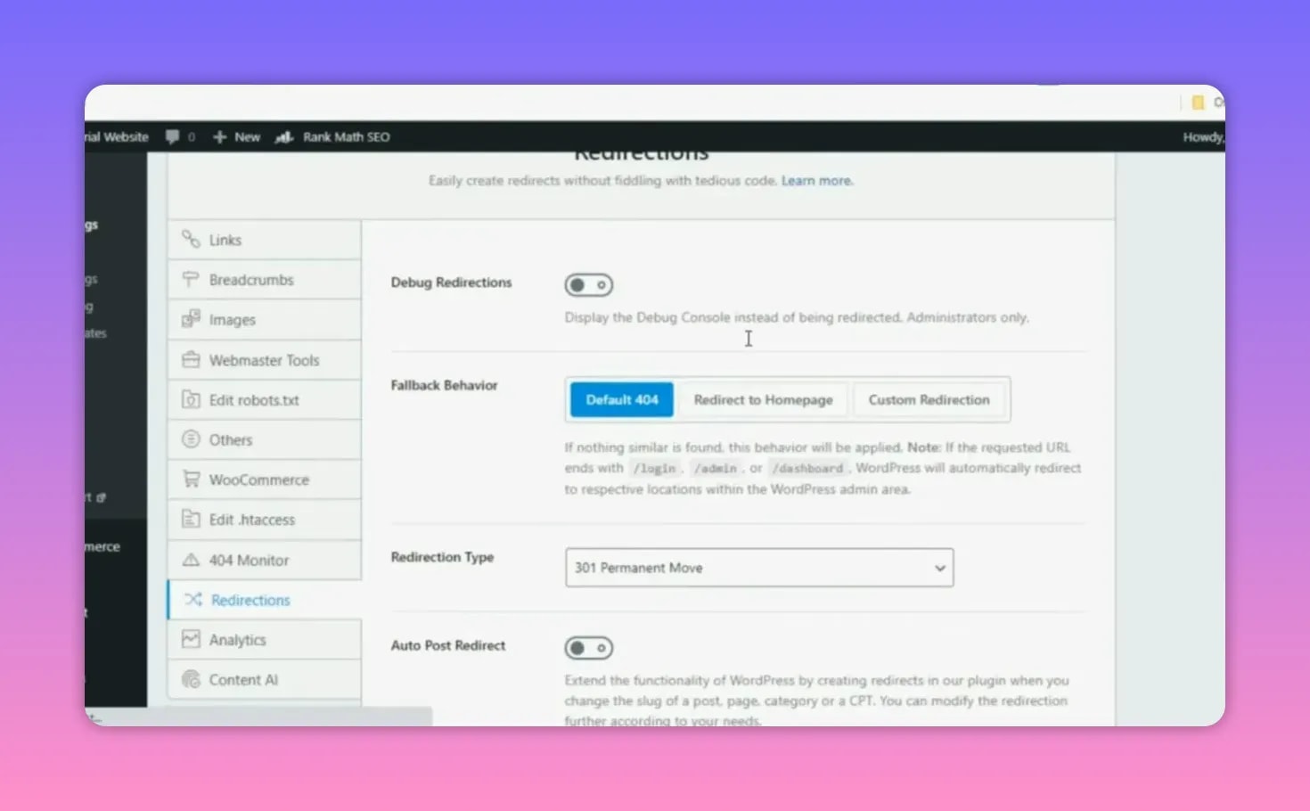 Rank Math Pro redirections settings screen with fallback behavior and 301 permanent move option