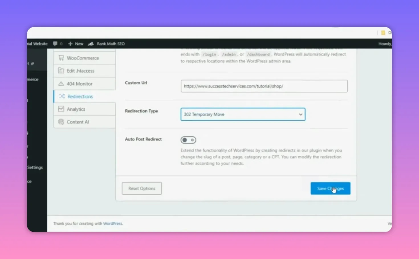 Rank Math Pro redirections settings showing custom URL, redirect type dropdown, and save changes button