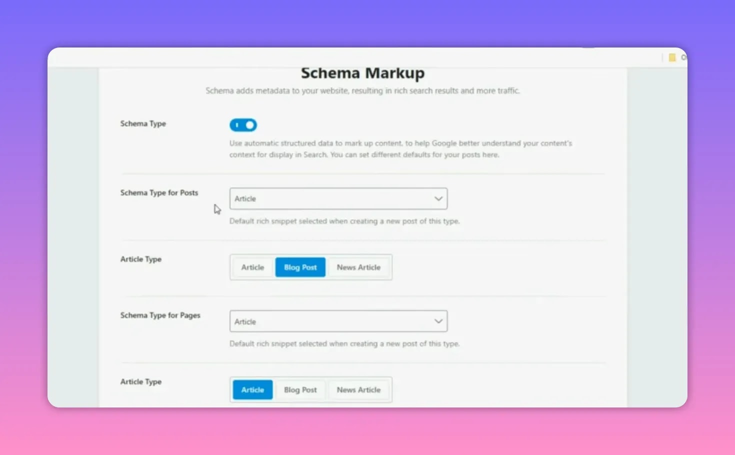 Rank Math Pro Schema Markup settings for posts schema type dropdown and article type selection