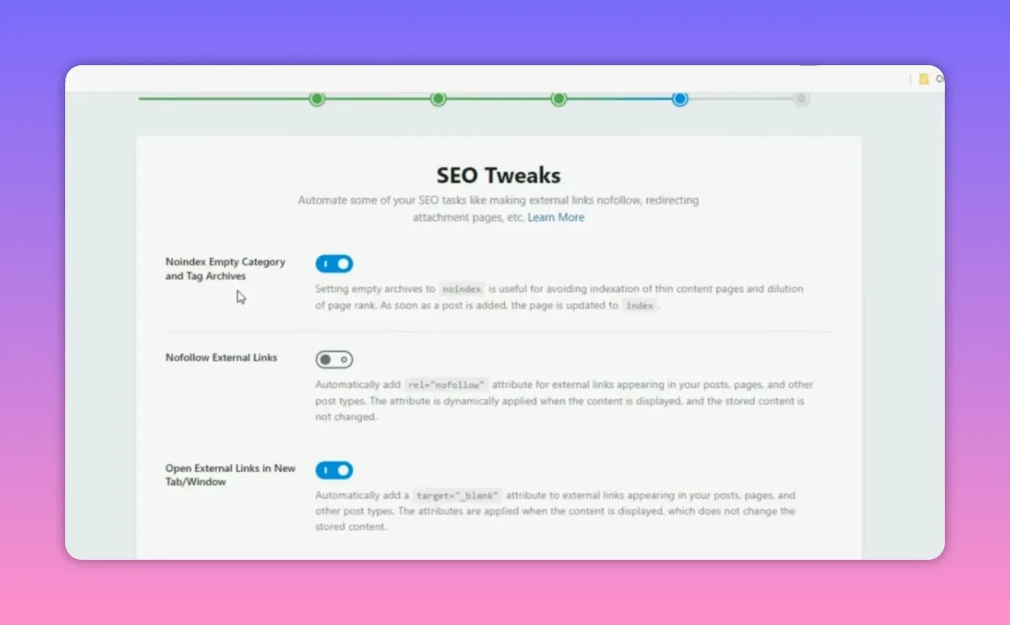 Rank Math Pro SEO Tweaks panel with toggles for noindex empty category and tag archives and related external link settings