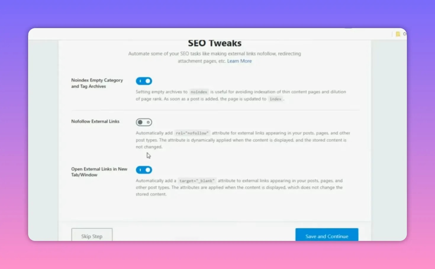 Rank Math Pro SEO Tweaks settings showing noindex empty archives, external link nofollow, and opening external links in a new tab