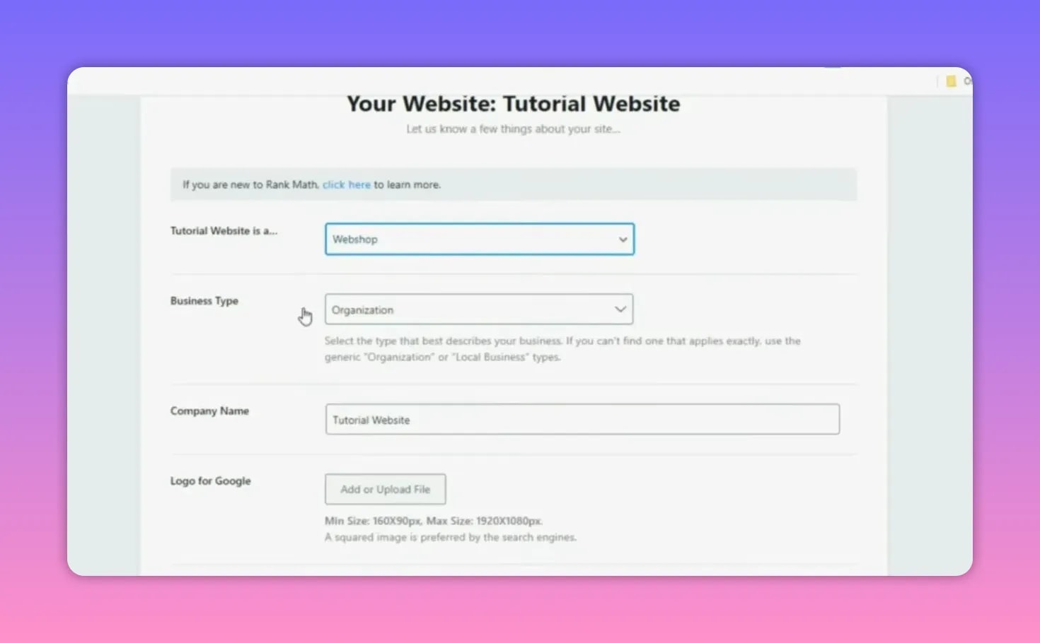 Rank Math Pro setup wizard showing business type, company name, and logo upload section