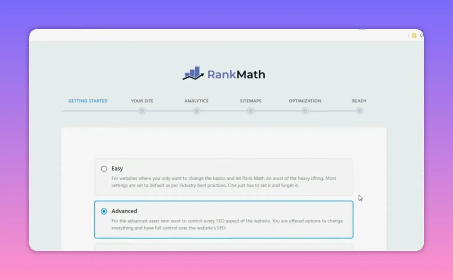Rank Math Pro setup wizard showing the “Advanced” mode option selected
