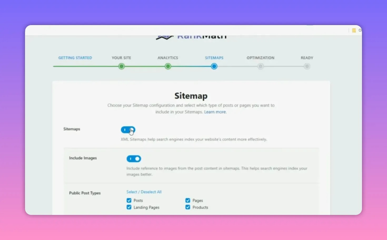 Rank Math Pro Sitemap configuration screen showing XML sitemaps and include images options