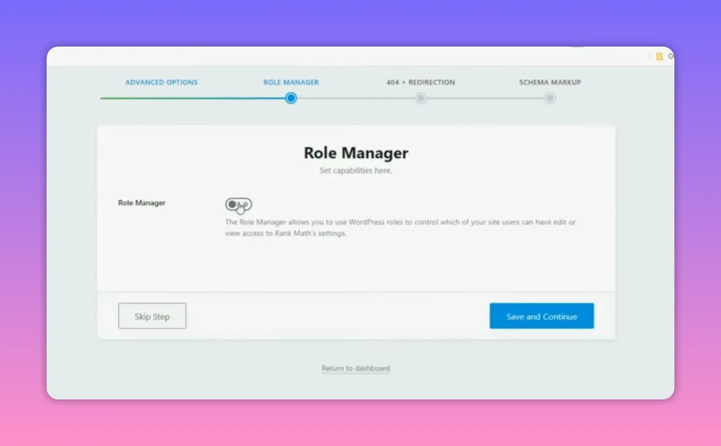 Rank Math Pro Role Manager step in the advanced setup wizard