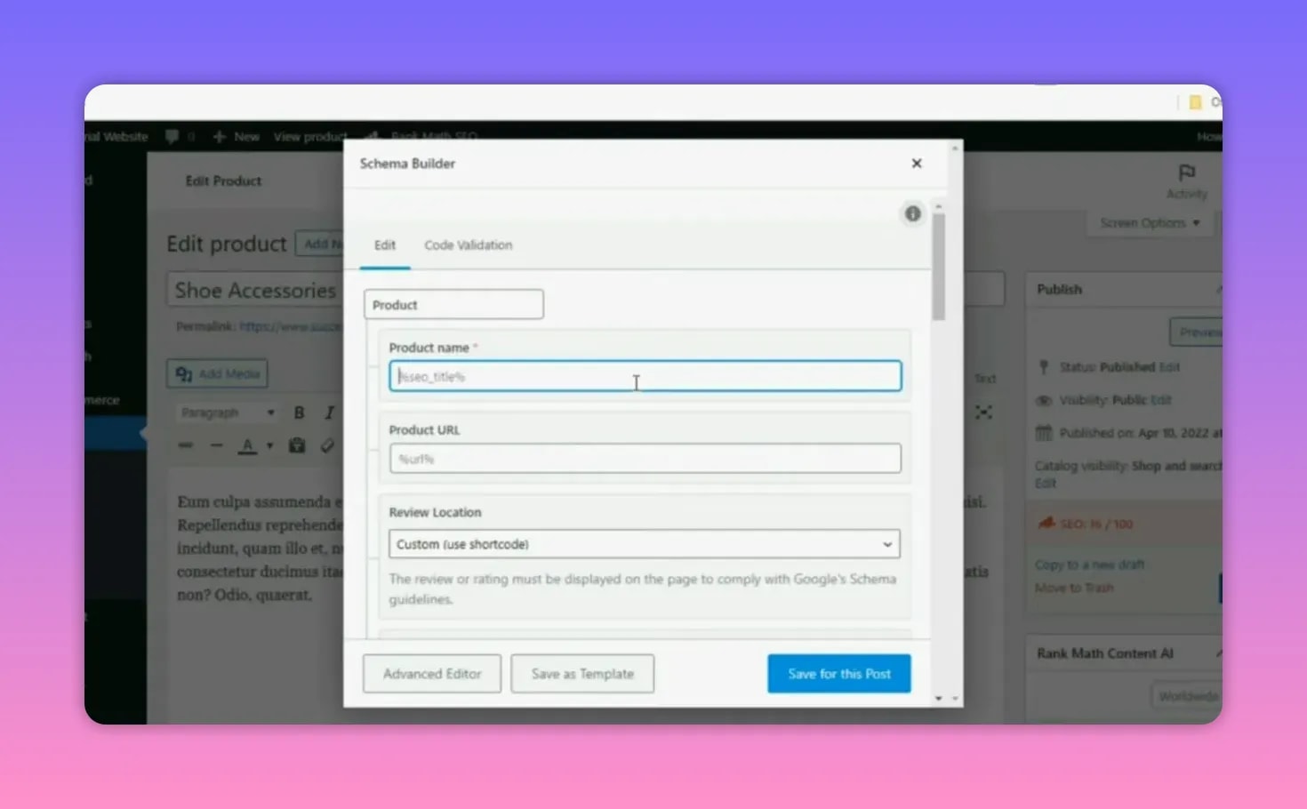 Rank Math Schema Builder form for Product schema with product name and URL fields