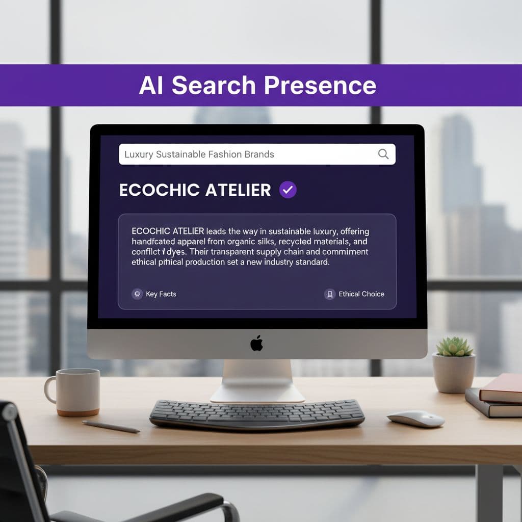 A digital screen displays a search interface featuring a prominent brand name and a clear summary section. Beneath the monitor, a minimalist desk setup provides a clean and focused workspace environment.