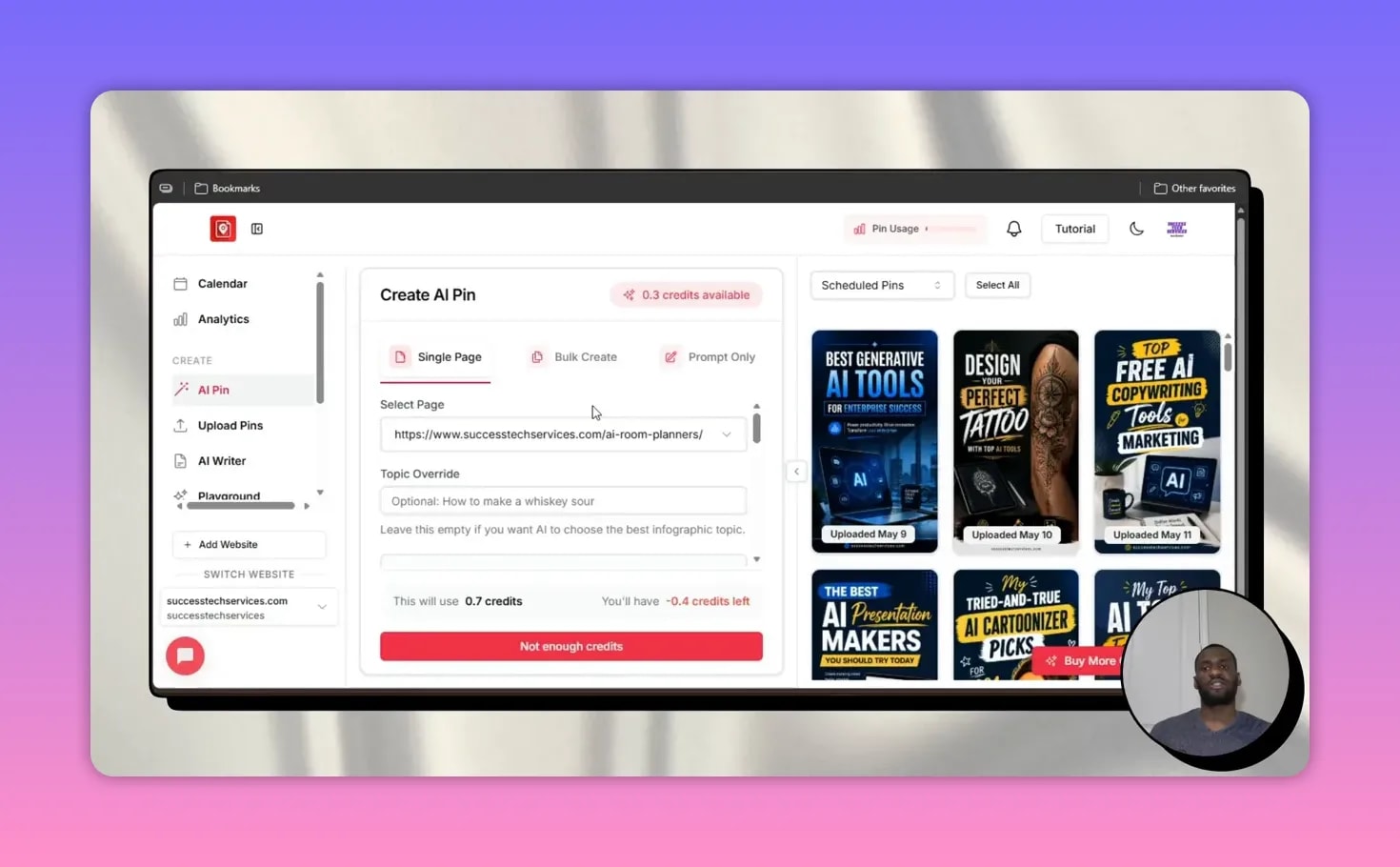 BlogToPin dashboard showing Create AI Pin workflow and scheduled pins thumbnails