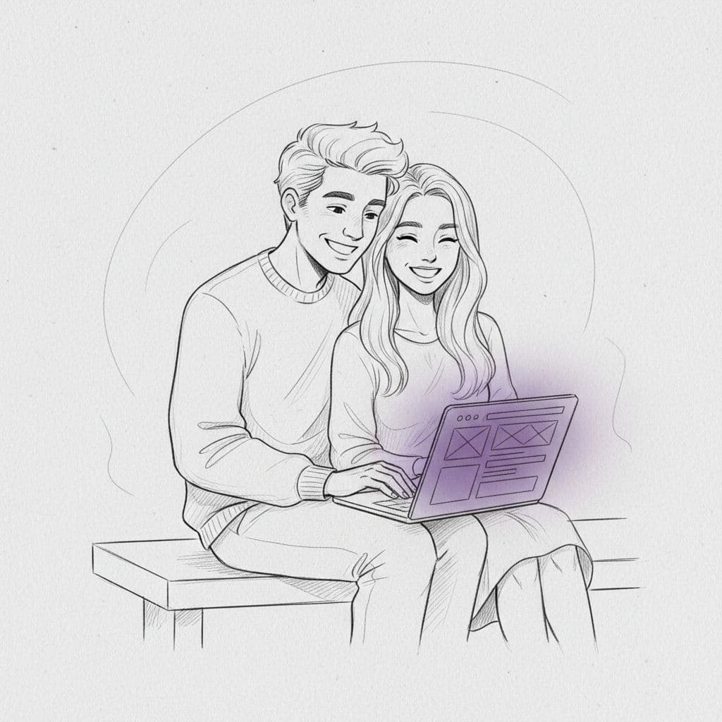 How I Build a Wedding Website With WordPress and Elementor 1 A graphite sketch of a happy couple viewing a laptop with a soft purple accent on the screen.