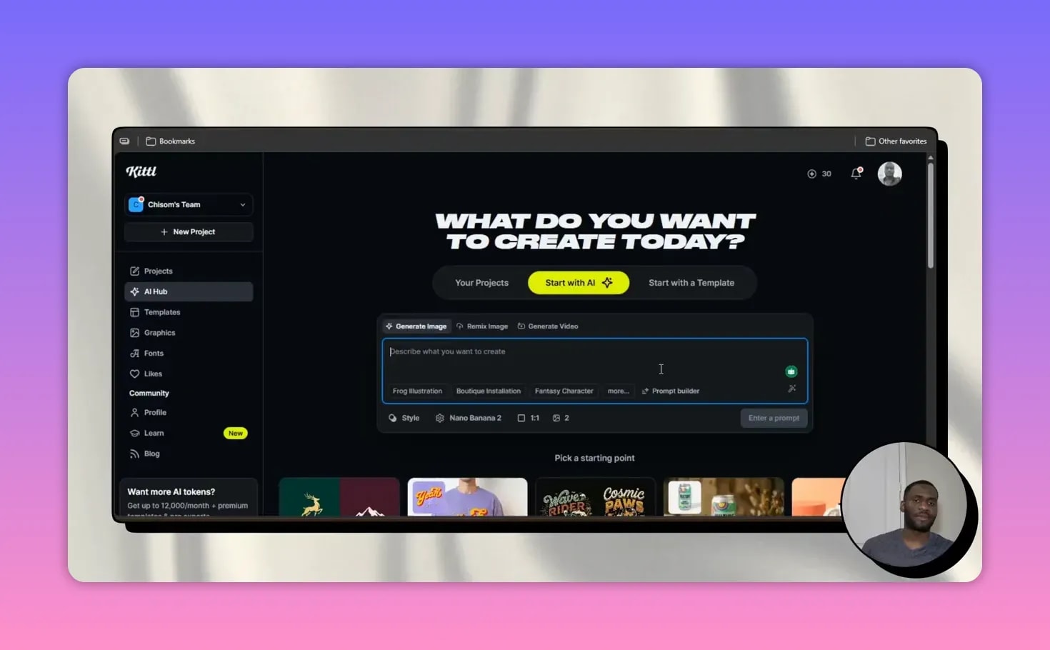 Kittl prompt input for generating AI image and video content from a description