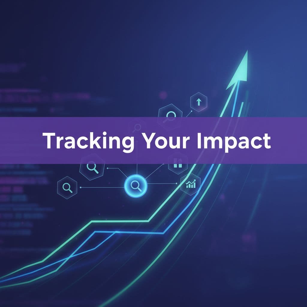 A vibrant purple header displays the text Tracking Your Impact above a minimalist chart. The central graphic features sharp geometric lines illustrating an upward growth trend for professional analytical performance reviews.