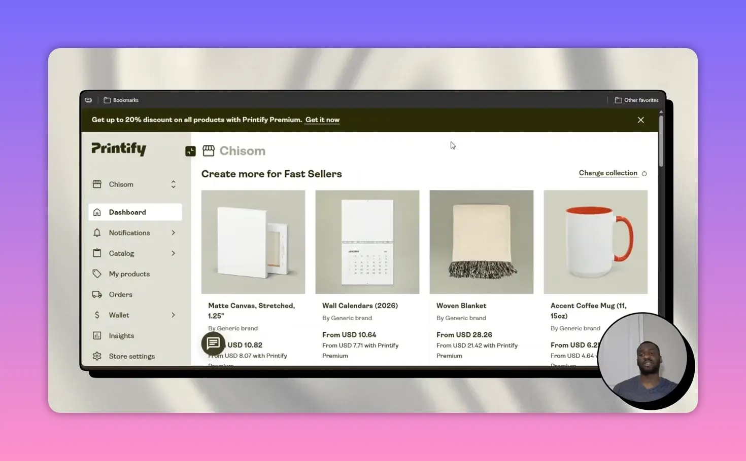 Printify dashboard showing a product catalog with items like canvas, calendars, blankets, and a coffee mug